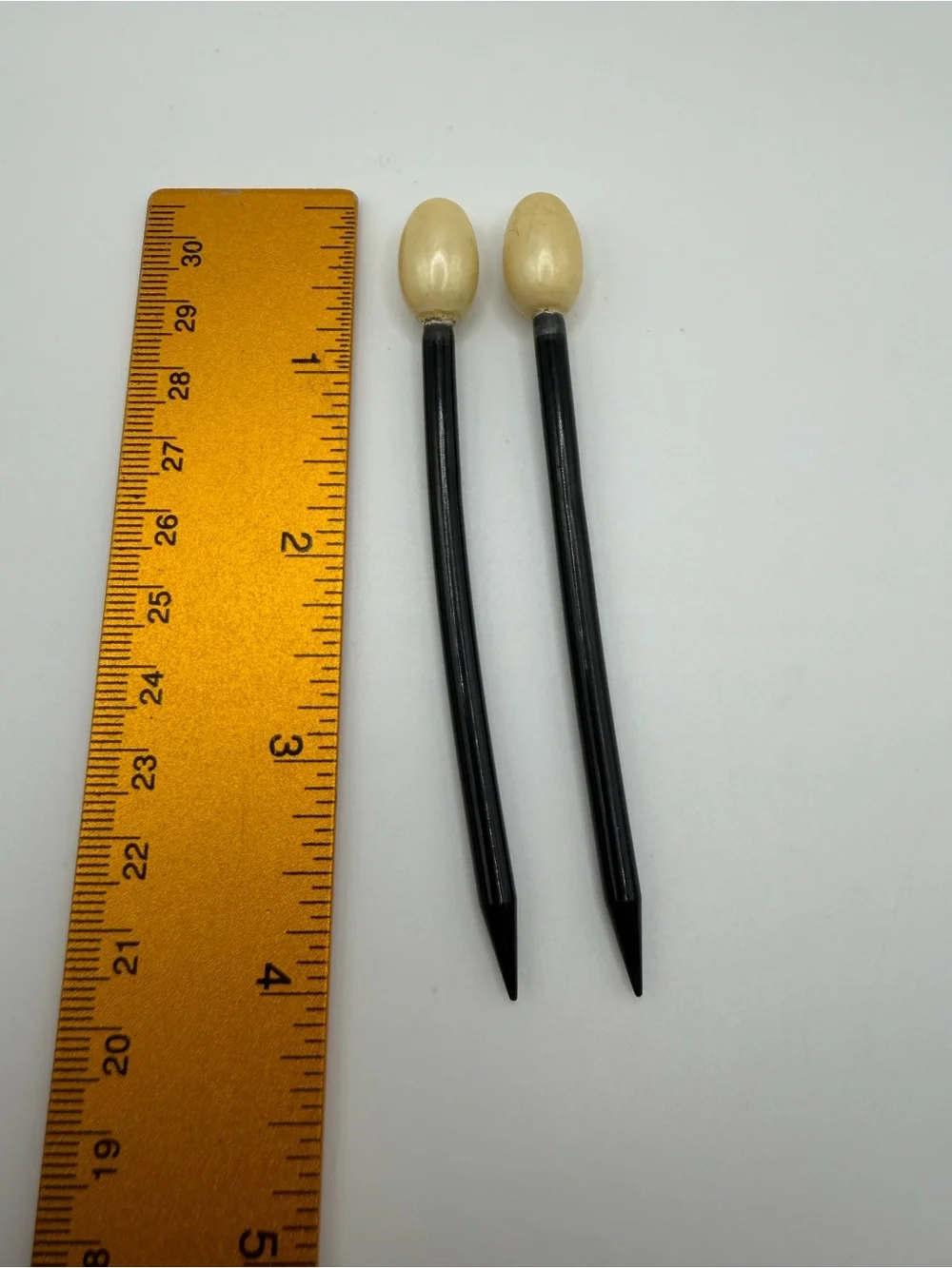 2 Vtg Art Deco Hair Stick French Black Celluloid Faux Pearl Ball Top Bun Pin Lot